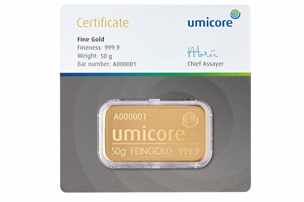 Umicore LBMA certificate 50g front 600